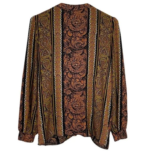 Vintage 80s 90s Printed Button Down Blouse Top Womens Size Small Black Gold - Picture 2 of 11